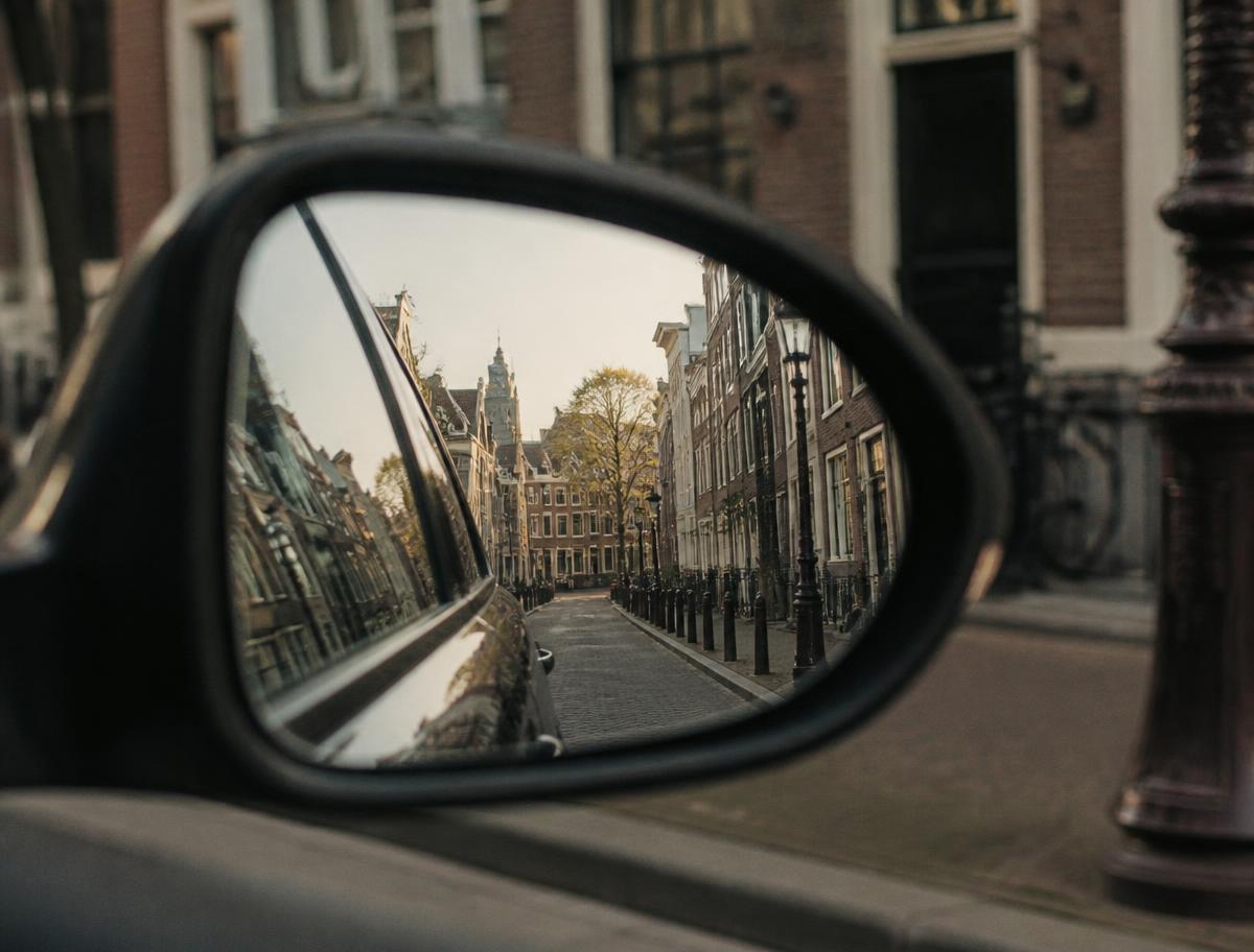 Zijspiegel met de weerspiegeling van een rustige Amsterdamse straat